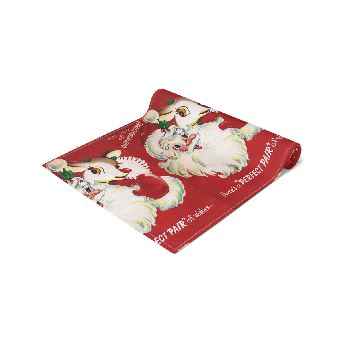 For You At Christmastime Santa And Rudolph Red Retro Christmas Print Home Decor Cotton Poly Table Runner