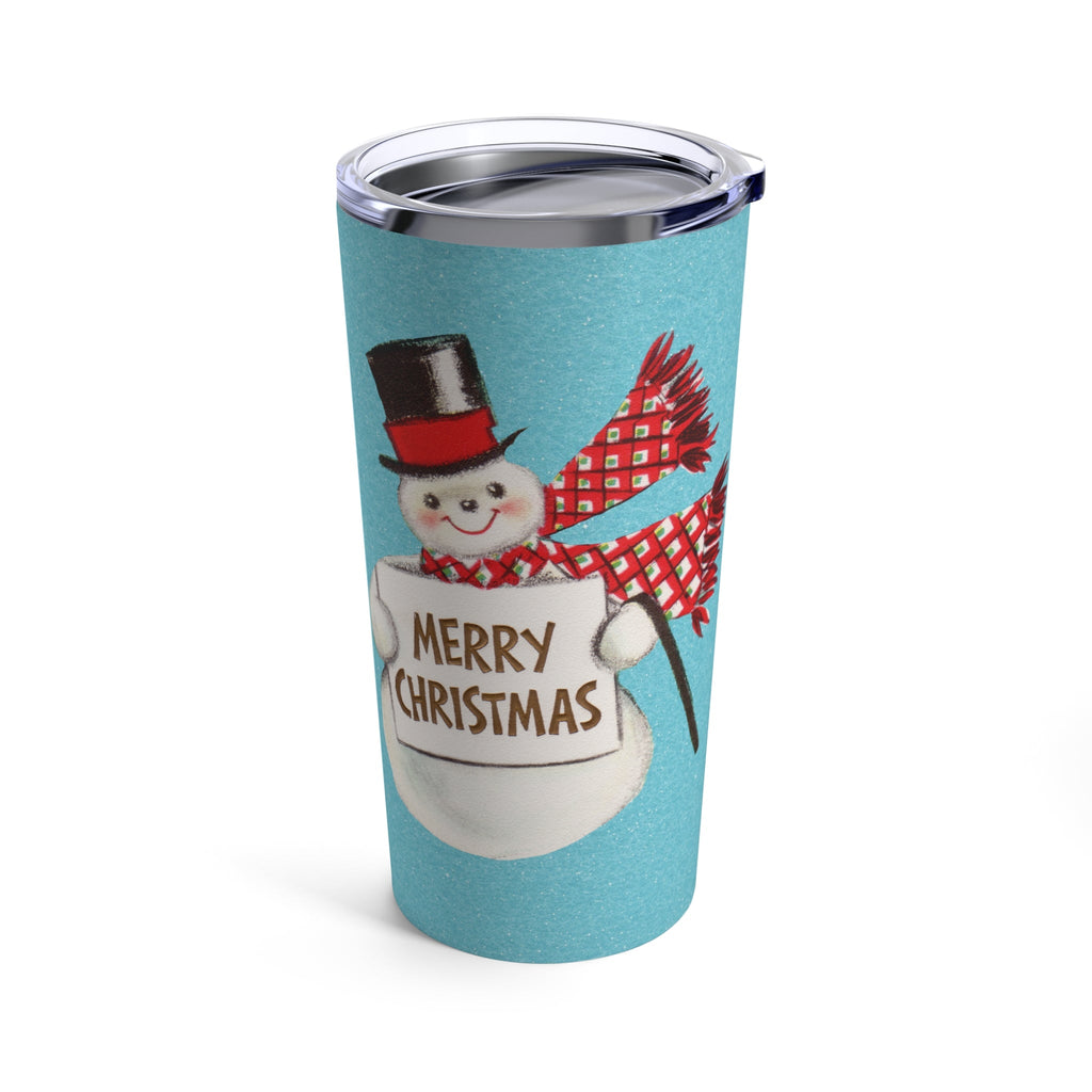 Merry Christmas Snowman Blue Mid Century Retro Christmas Print Stainless Steel Tumbler 20oz