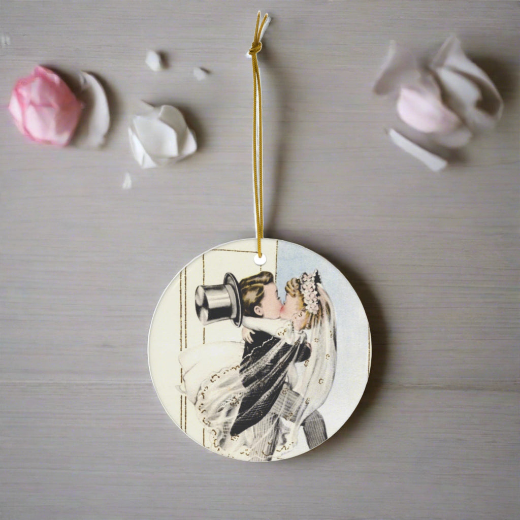 Bride And Groom Crossing Threshold Newlywed Mid Century Retro Print Ceramic Ornament