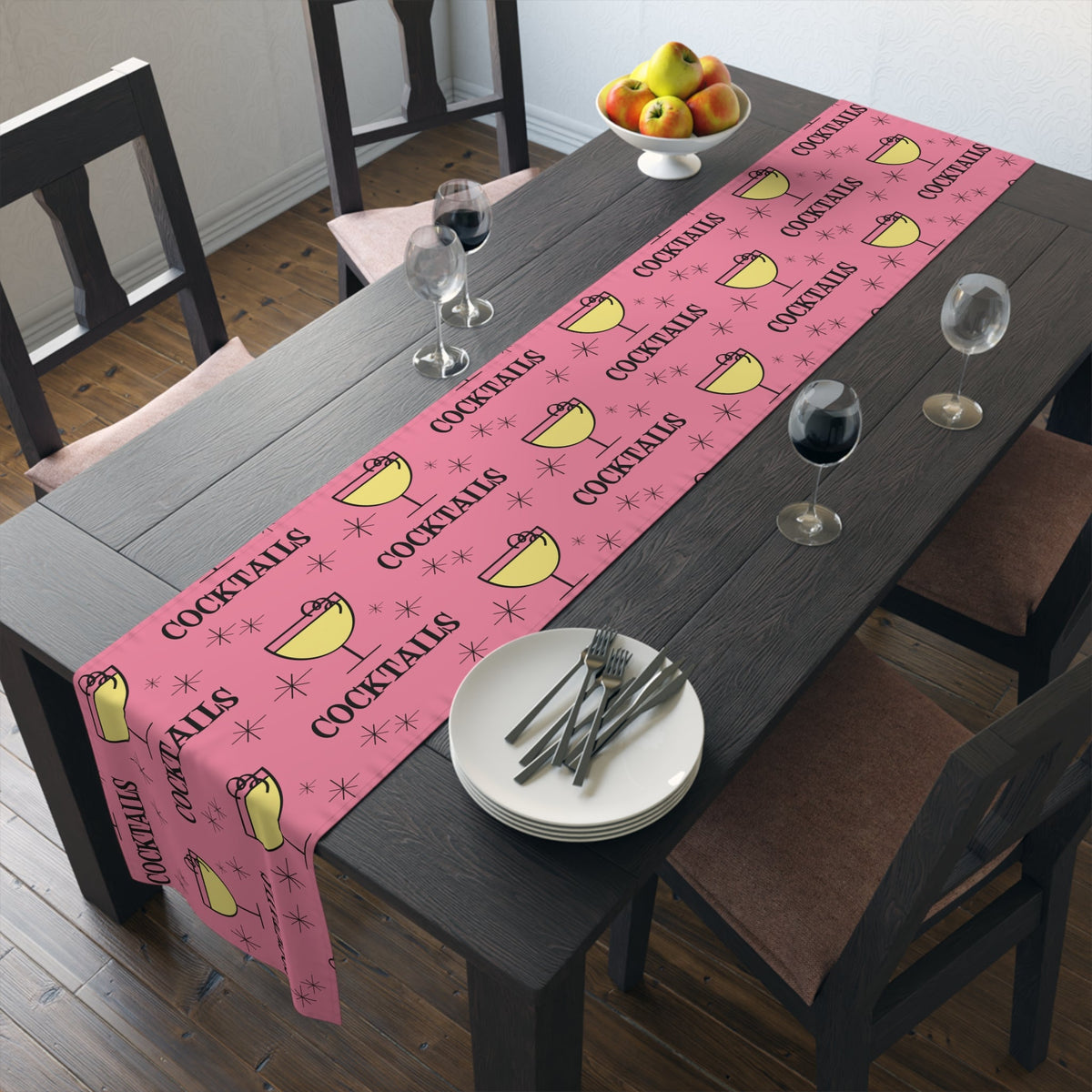 Cocktails Pink Atomic Mid Century Retro Style Design Cotton Poly Table Runner
