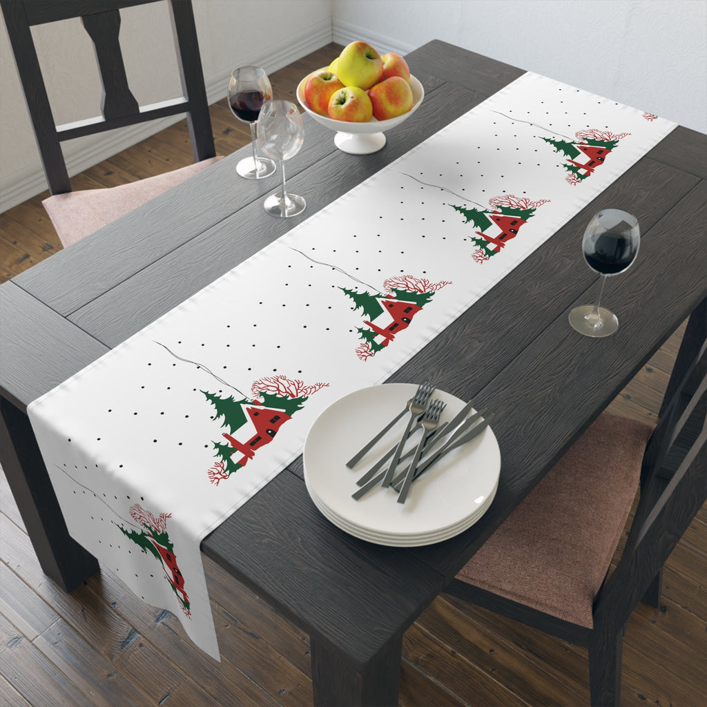 Cozy Christmas Home In Snow Mid Century Retro Christmas Print Home Decor Cotton Poly Table Runner