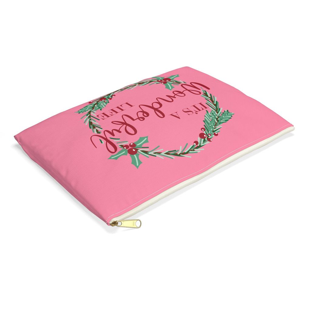 It's A Wonderful Life Wreath Pink Retro Style Christmas Print Polyester Accessory Pouch Travel Bag