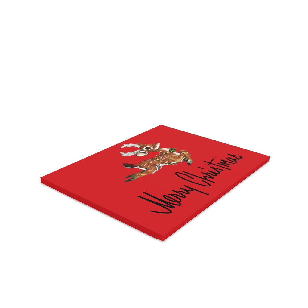 Merry Christmas Leaping Reindeer Mid Century Retro Christmas Print Matte Greeting Cards (8, 16, and 24 pcs)
