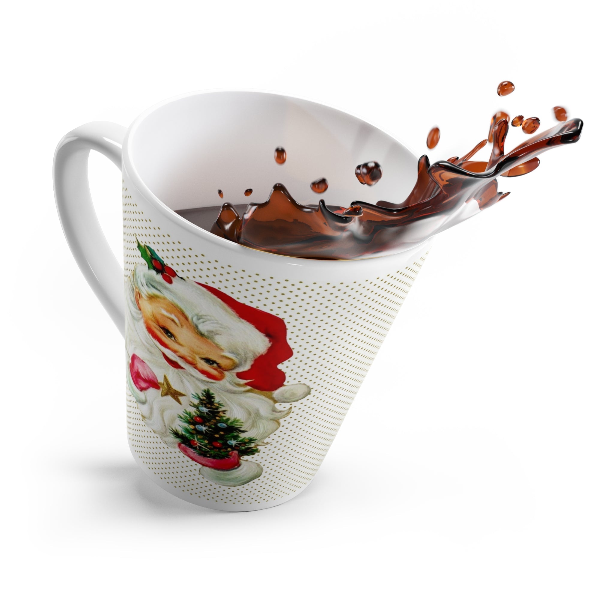 Santa Holding Little Christmas Tree Mid Century Retro Christmas Print Latte Coffee Mug