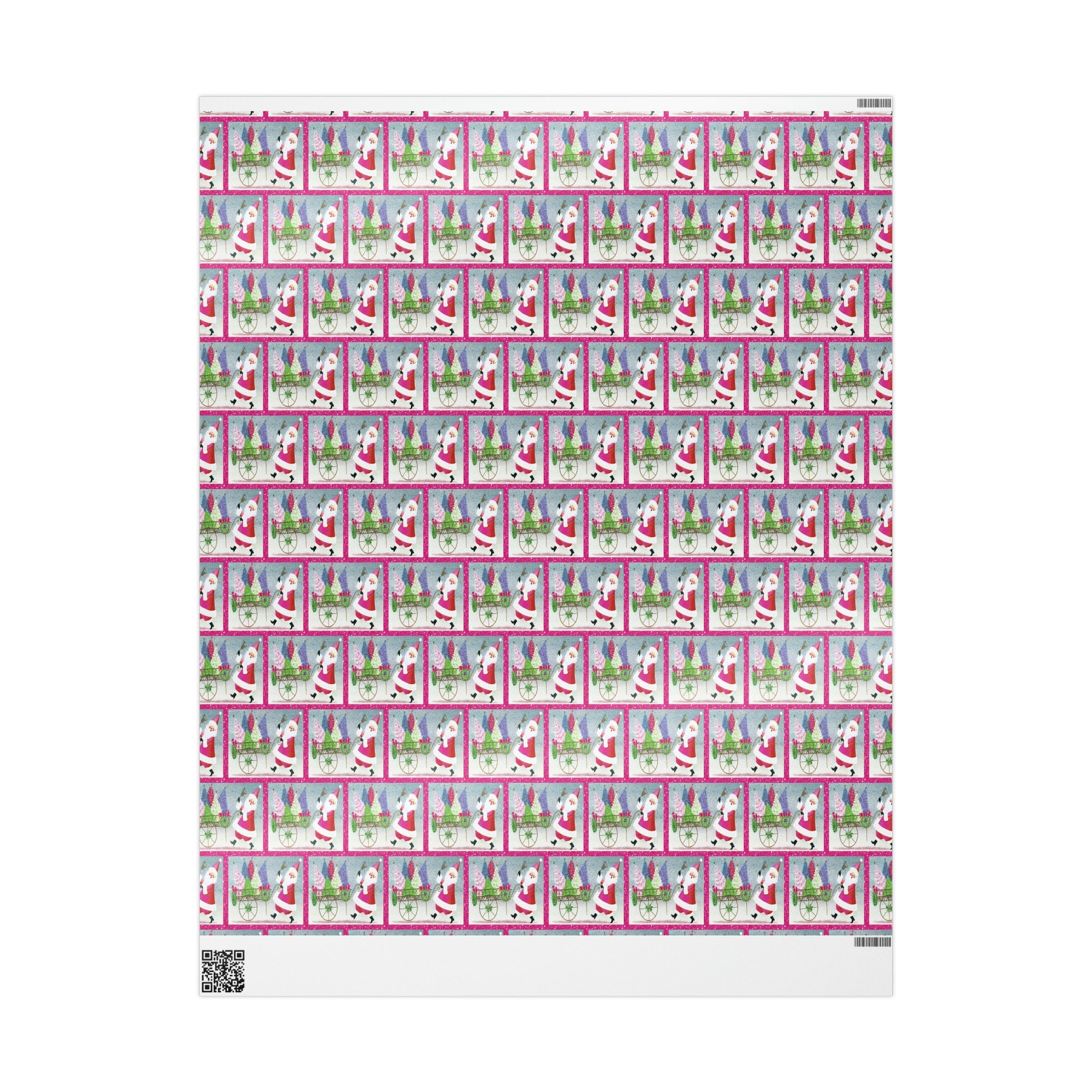 Pink Santa With Trees And Bell Mid Century Retro Christmas Print Holiday Gift Wrap Paper - Glossy Or Matte