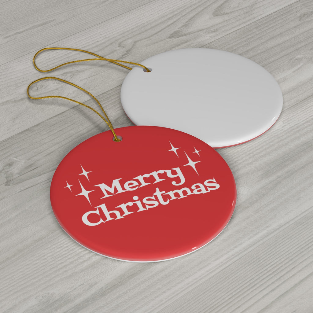 Merry Christmas Starburst Atomic Mid Century Retro Christmas Style Red Ceramic Ornament