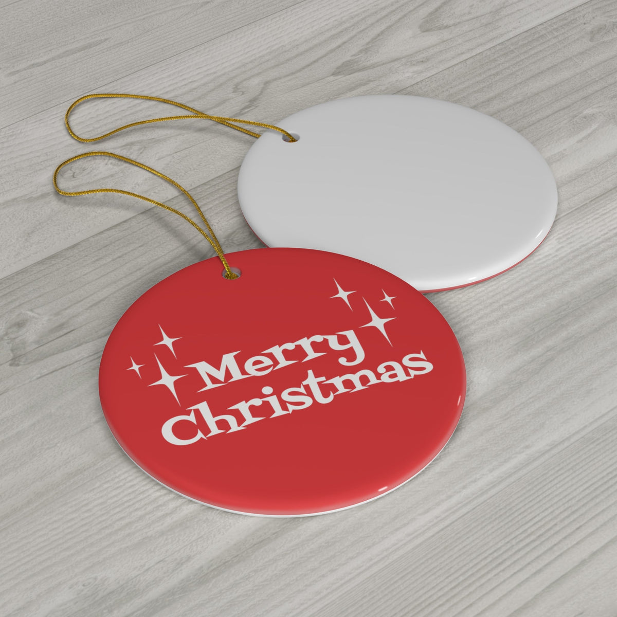 Merry Christmas Starburst Atomic Mid Century Retro Christmas Style Red Ceramic Ornament