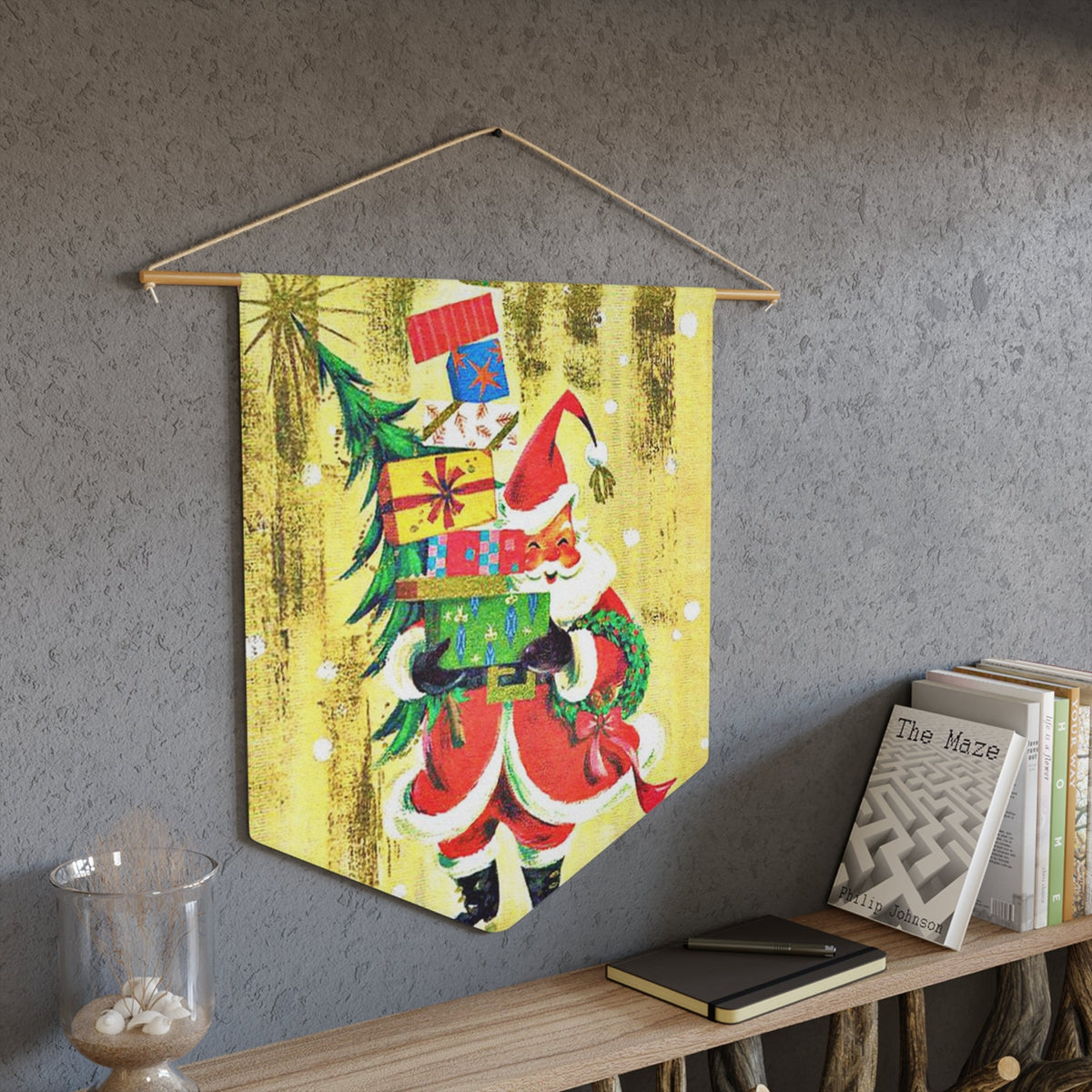 Santa With Presents And Christmas Tree Retro Christmas Print Wall Hanging Banner Flag