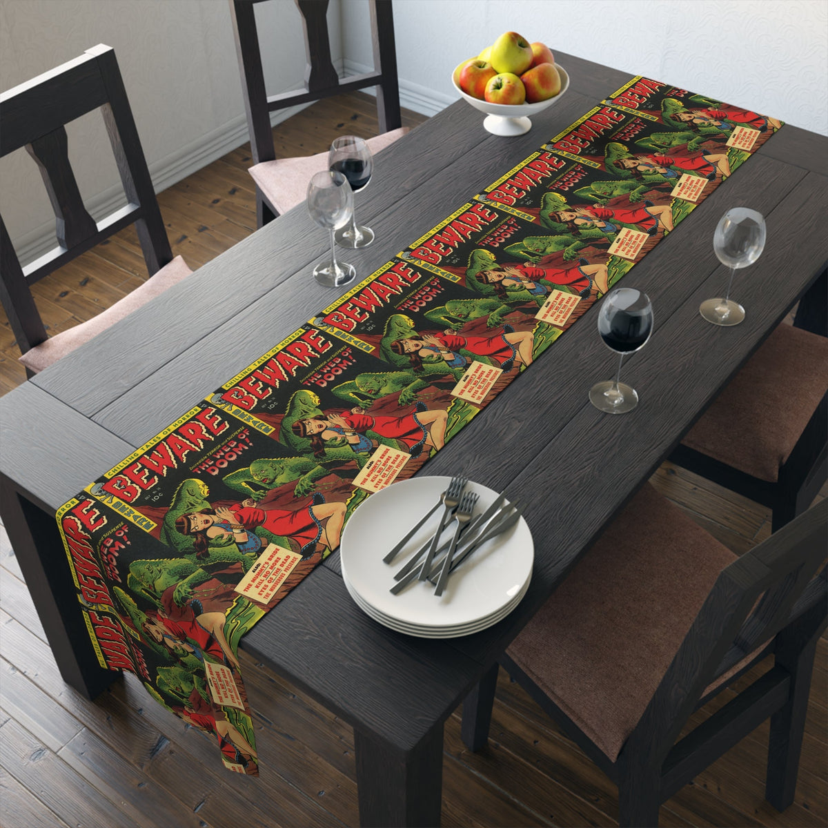 Beware The Web Of Doom Vintage Horror Gothic Comic Book Cover Retro Halloween Print Cotton Poly Decor Table Runner