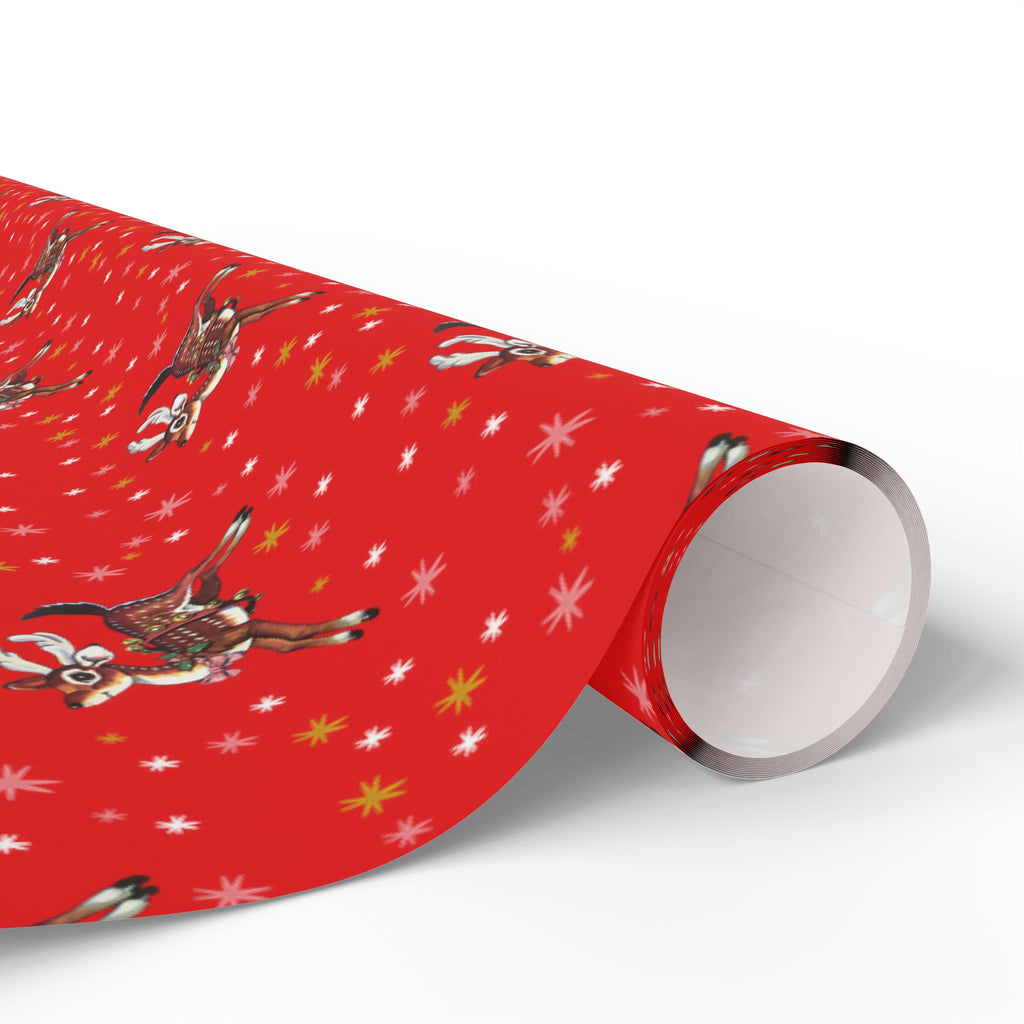 Leaping Reindeer Stars Red Mid Century Retro Christmas Print Holiday Gift Wrap Paper - Glossy Or Matte