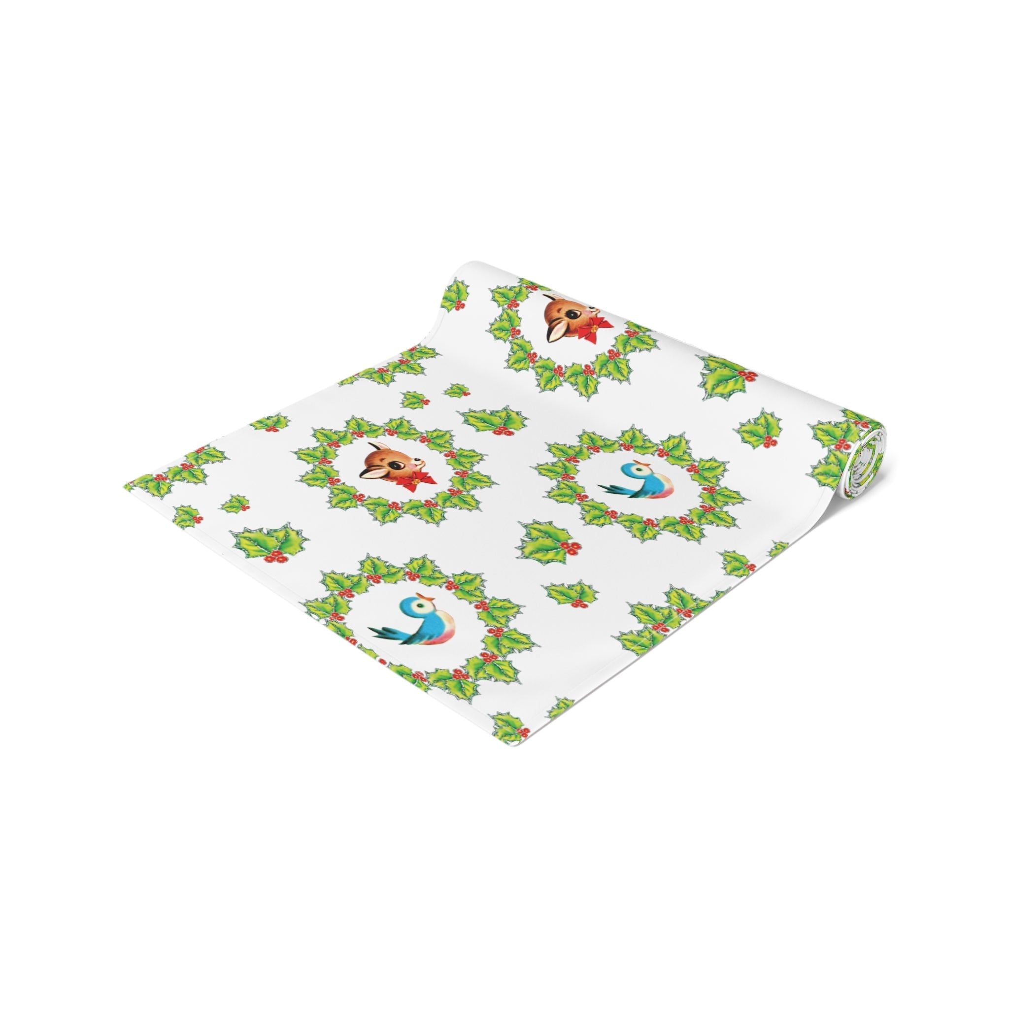 Christmas Bluebirds And Reindeer In Holly Berry Wreath Mid Century Retro Christmas Print Home Decor Cotton Poly Table Runner