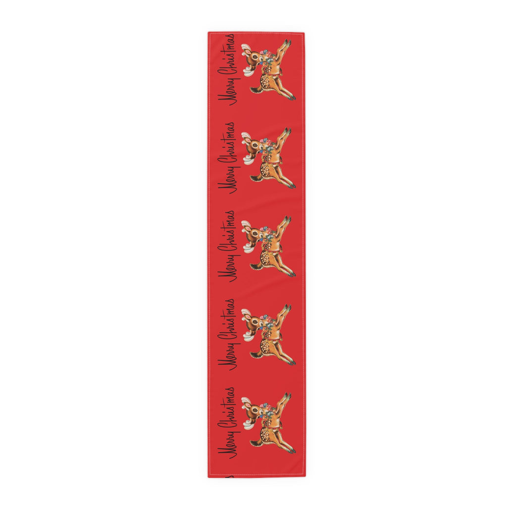 Merry Christmas Reindeer Mid Century Red Retro Christmas Print Home Decor Cotton Poly Table Runner