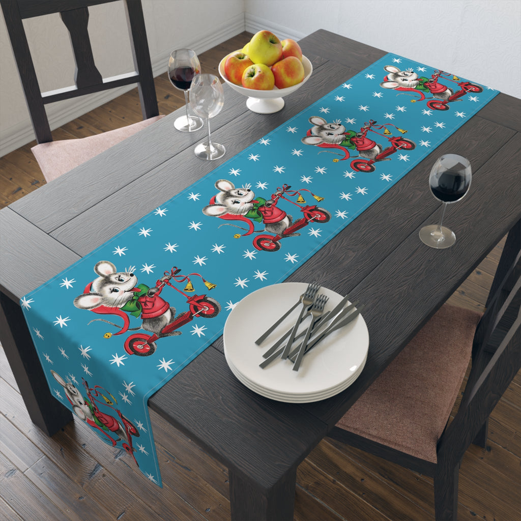 Christmas Mouse On Scooter Blue Mid Century Retro Christmas Print Home Decor Cotton Poly Table Runner