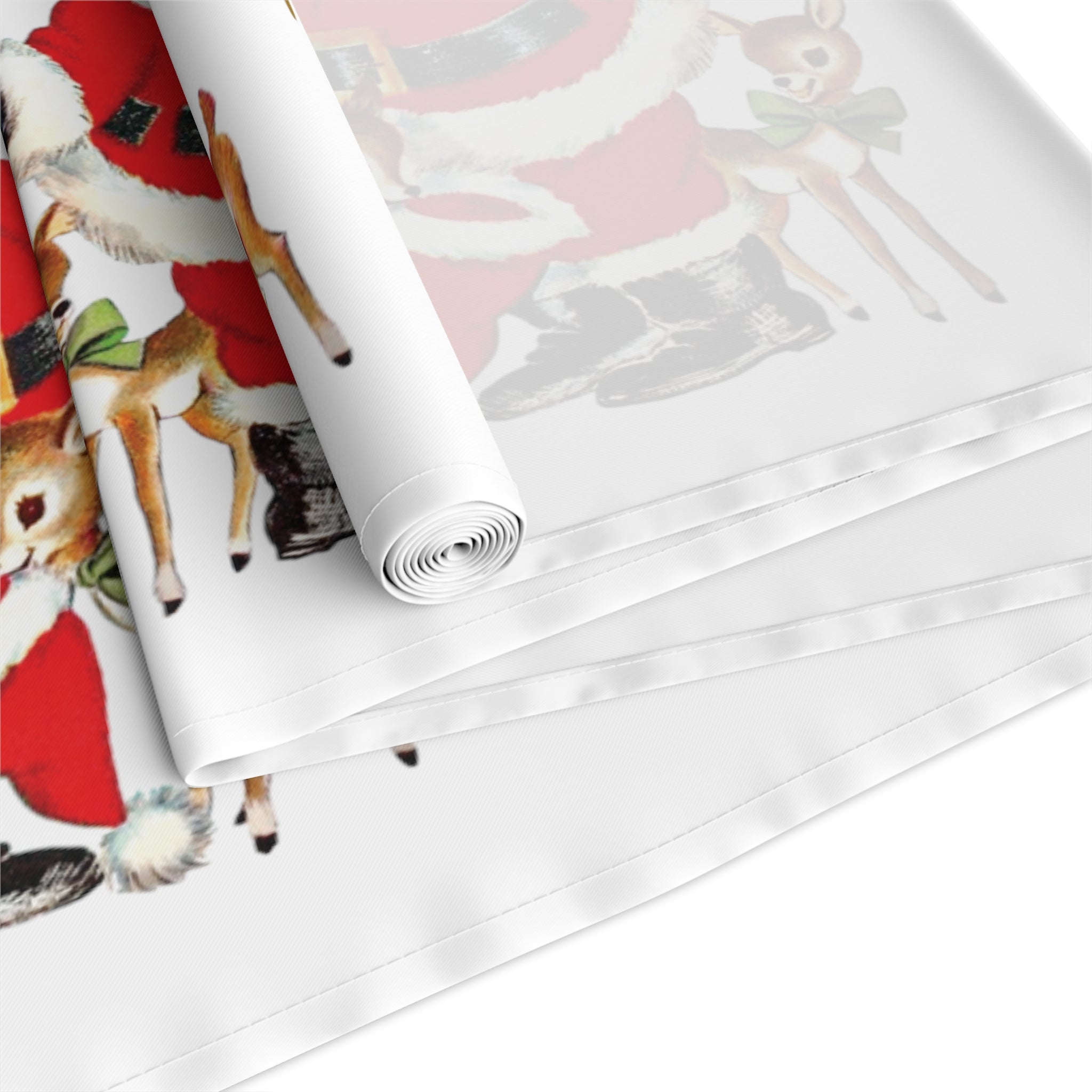 Merry Christmas Santa Reindeer Gold Stars Retro Christmas Table Runner