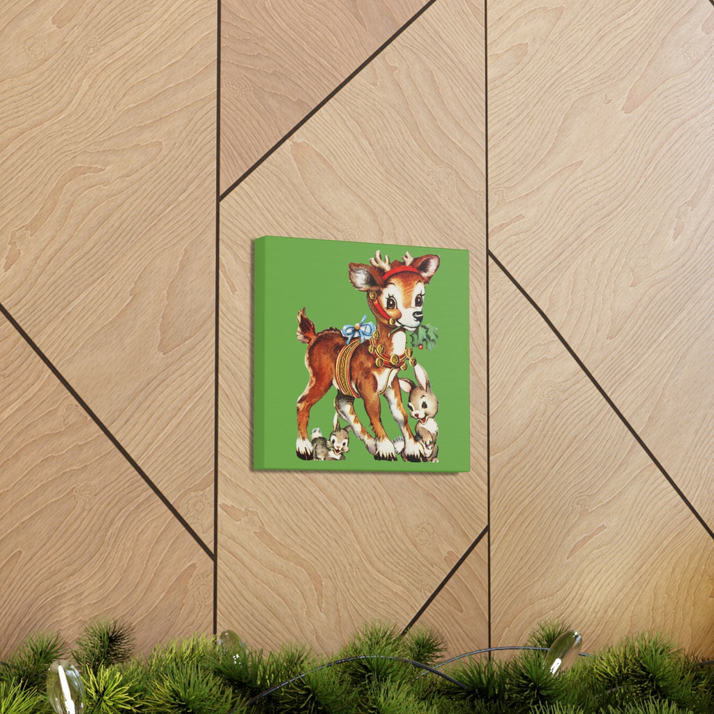 Reindeer And Bunnies Mid Century Retro Christmas Canvas Gallery Wrap