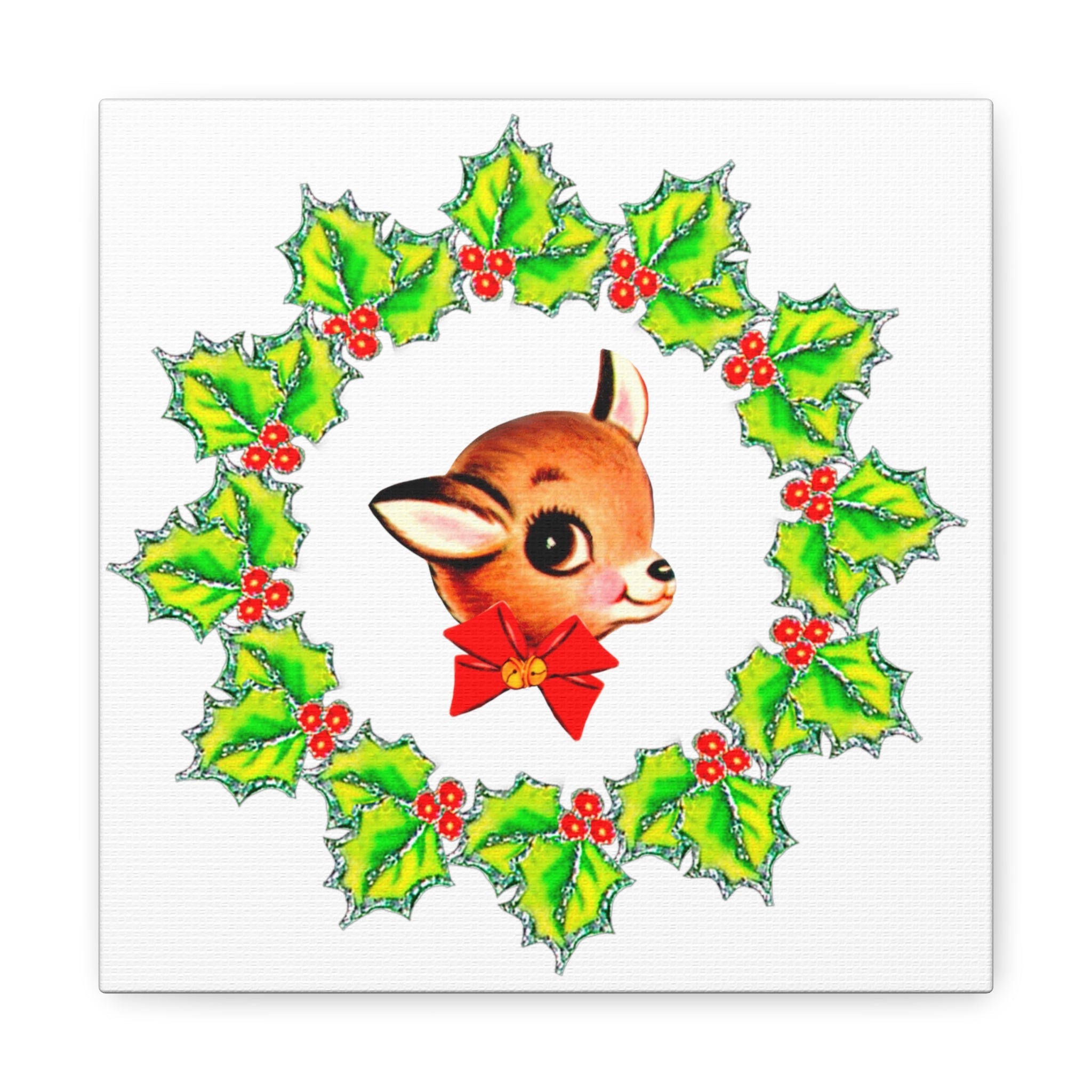 Reindeer With Holly Mid Century Retro Christmas Canvas Gallery Wrap