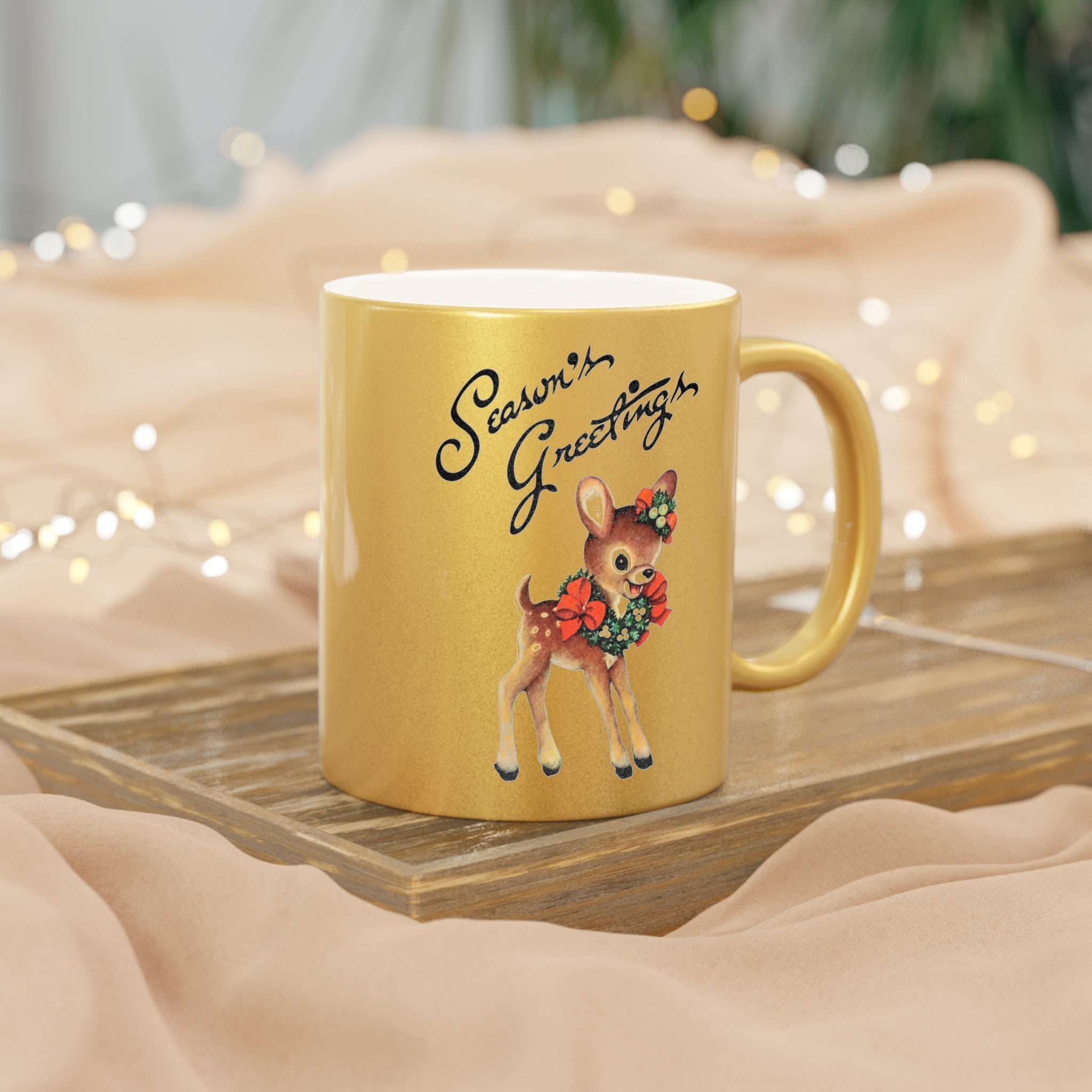 Season's Greetings Cute Reindeer Mid Century Retro Christmas Gold Metallic Mug