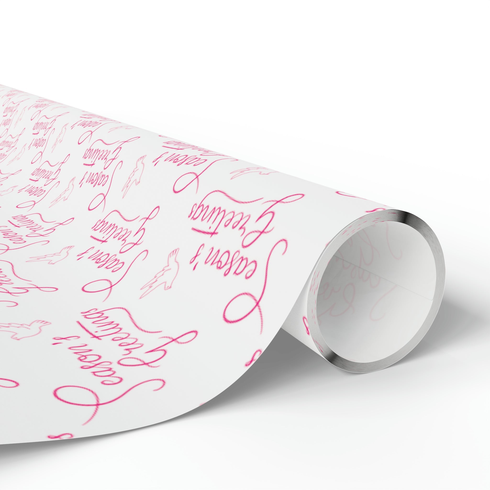 Season's Greetings Pink Dove Pink Retro Style Christmas Print Holiday Gift Wrap Paper - Glossy Or Matte
