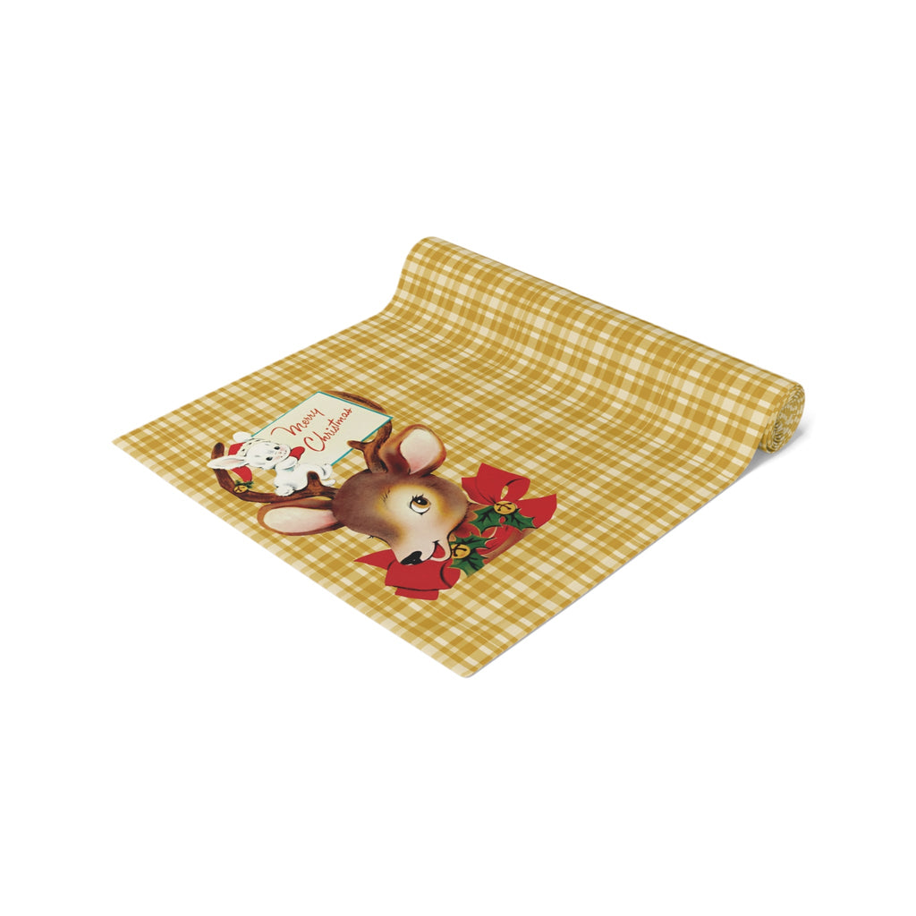 Merry Christmas Reindeer Bunny Yellow Plaid Retro Christmas Print Home Decor Cotton Poly Table Runner