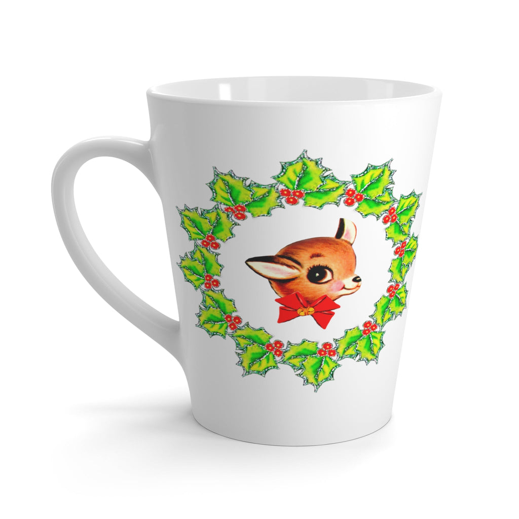 Christmas Reindeer In Holly Berry Wreath Mid Century Retro Christmas Print Latte Mug