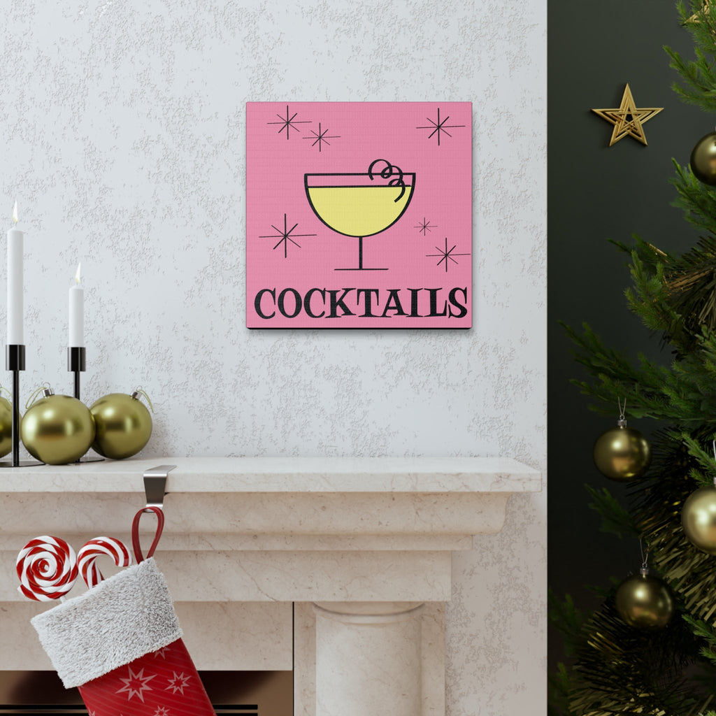 Cocktails Pink Mid Century Retro Design Pink Canvas Gallery Wrap
