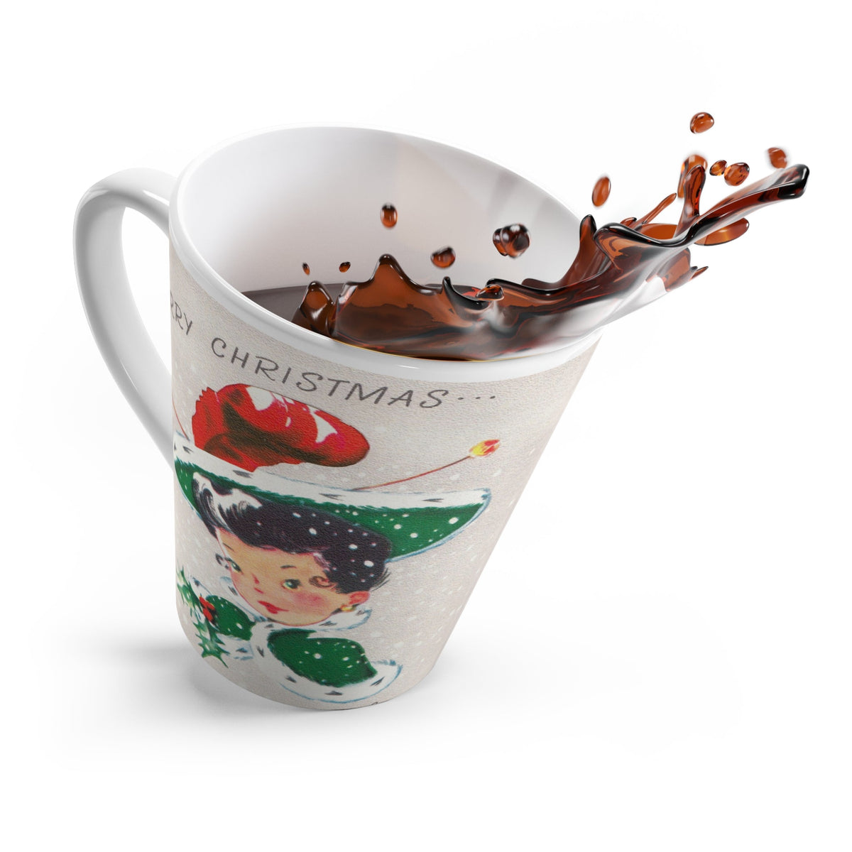 Merry Christmas Lady In Winter Hat And Coat With Holly Retro Christmas Print Latte Coffee Mug