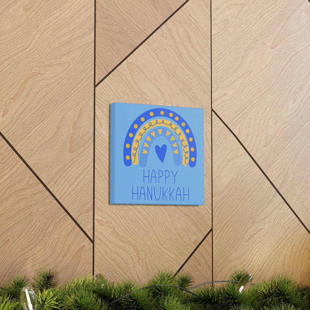 Happy Hanukkah Boho Rainbow Blue Canvas Gallery Wrap