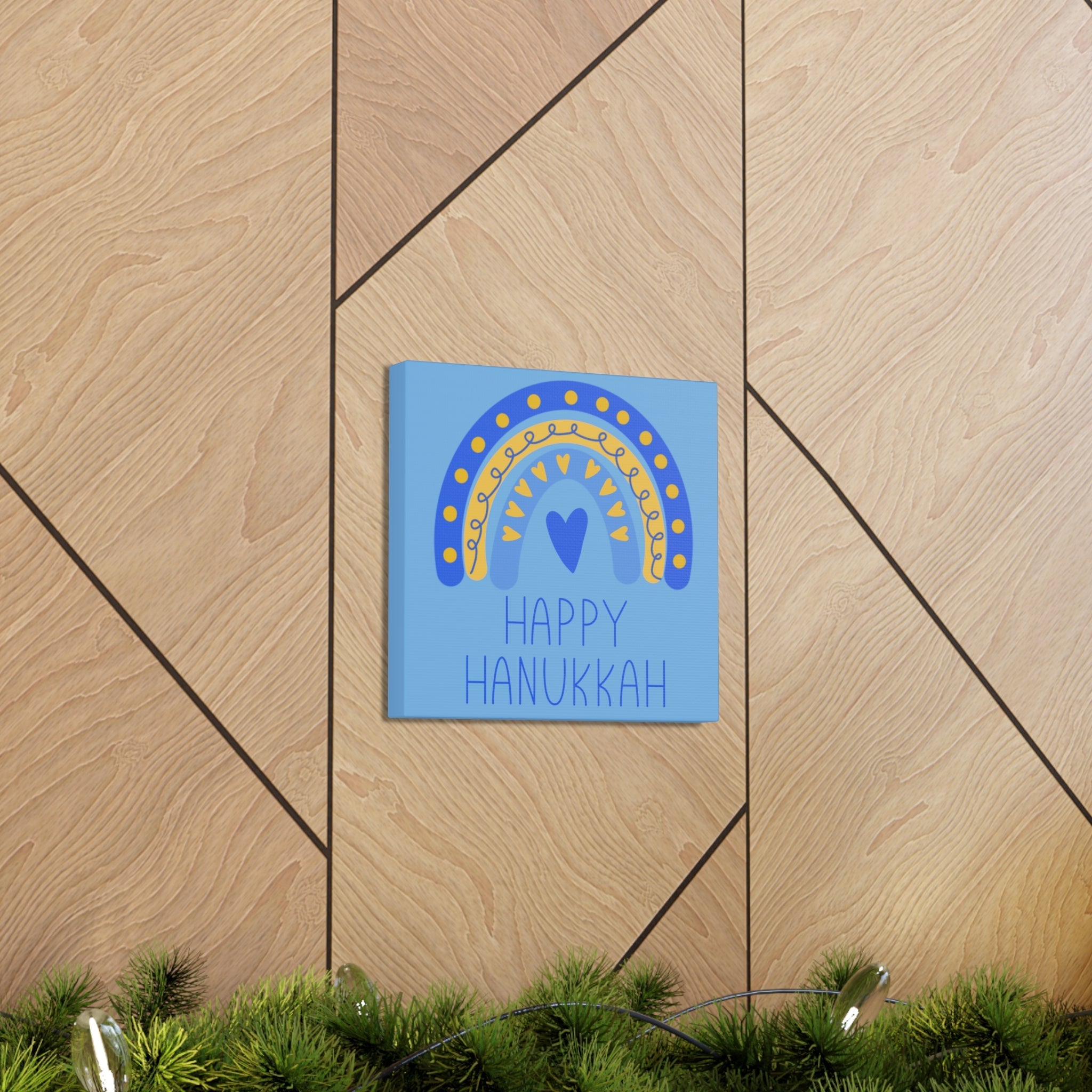 Happy Hanukkah Boho Rainbow Blue Canvas Gallery Wrap
