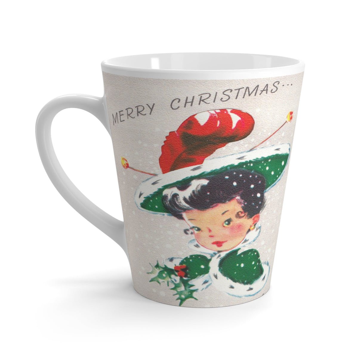 Merry Christmas Lady In Winter Hat And Coat With Holly Retro Christmas Print Latte Coffee Mug