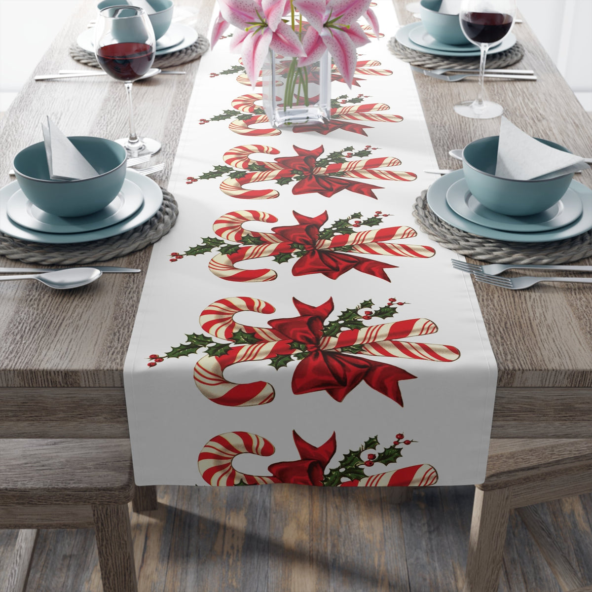 Retro Candy Canes Table Runner Home Decor Polyester Fabric Cloth Linens Unique Cozy Cute Dining Kitchen Decoration