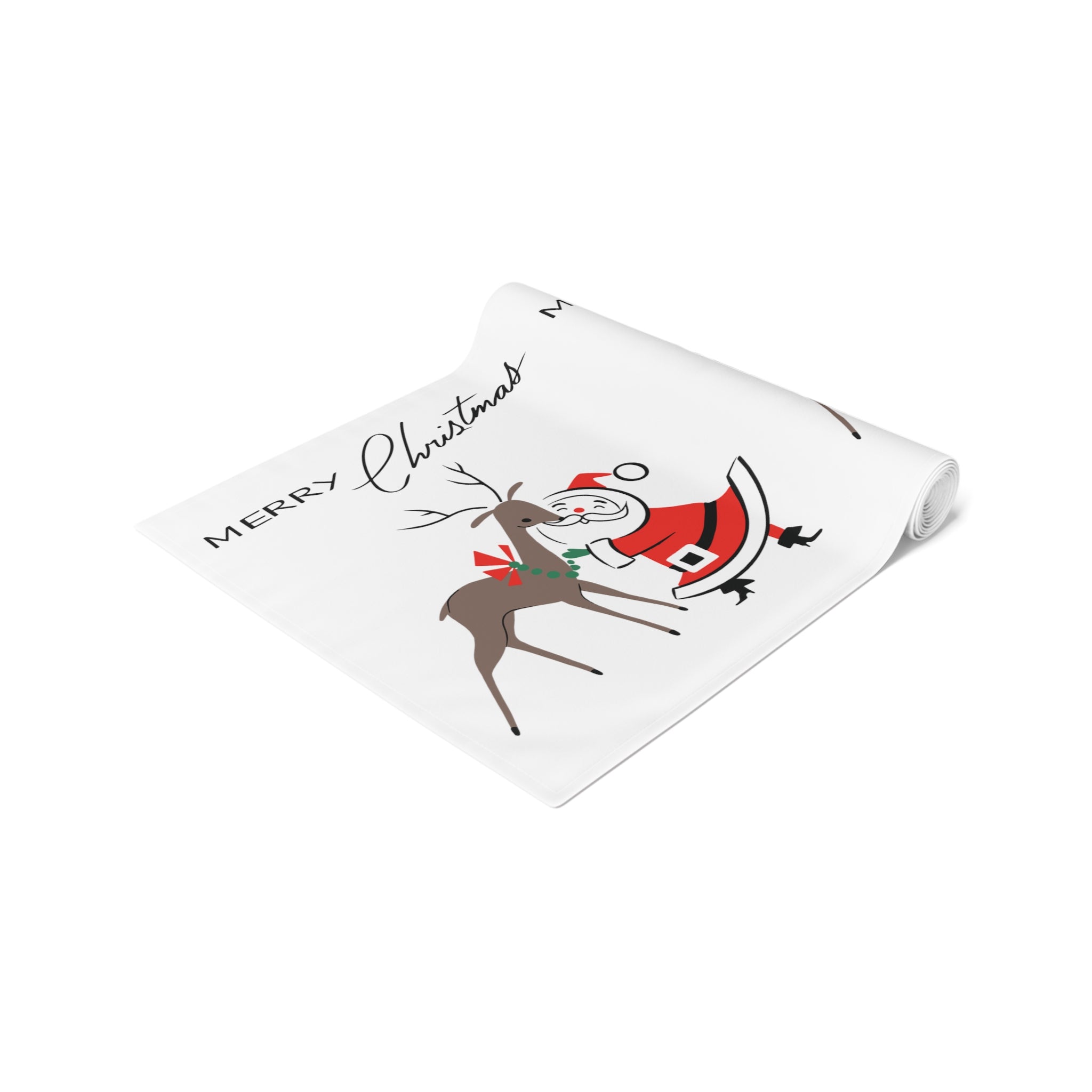 Merry Christmas Santa With Reindeer Mid Century Retro Style Christmas Decor Red Cotton Poly Table Runner