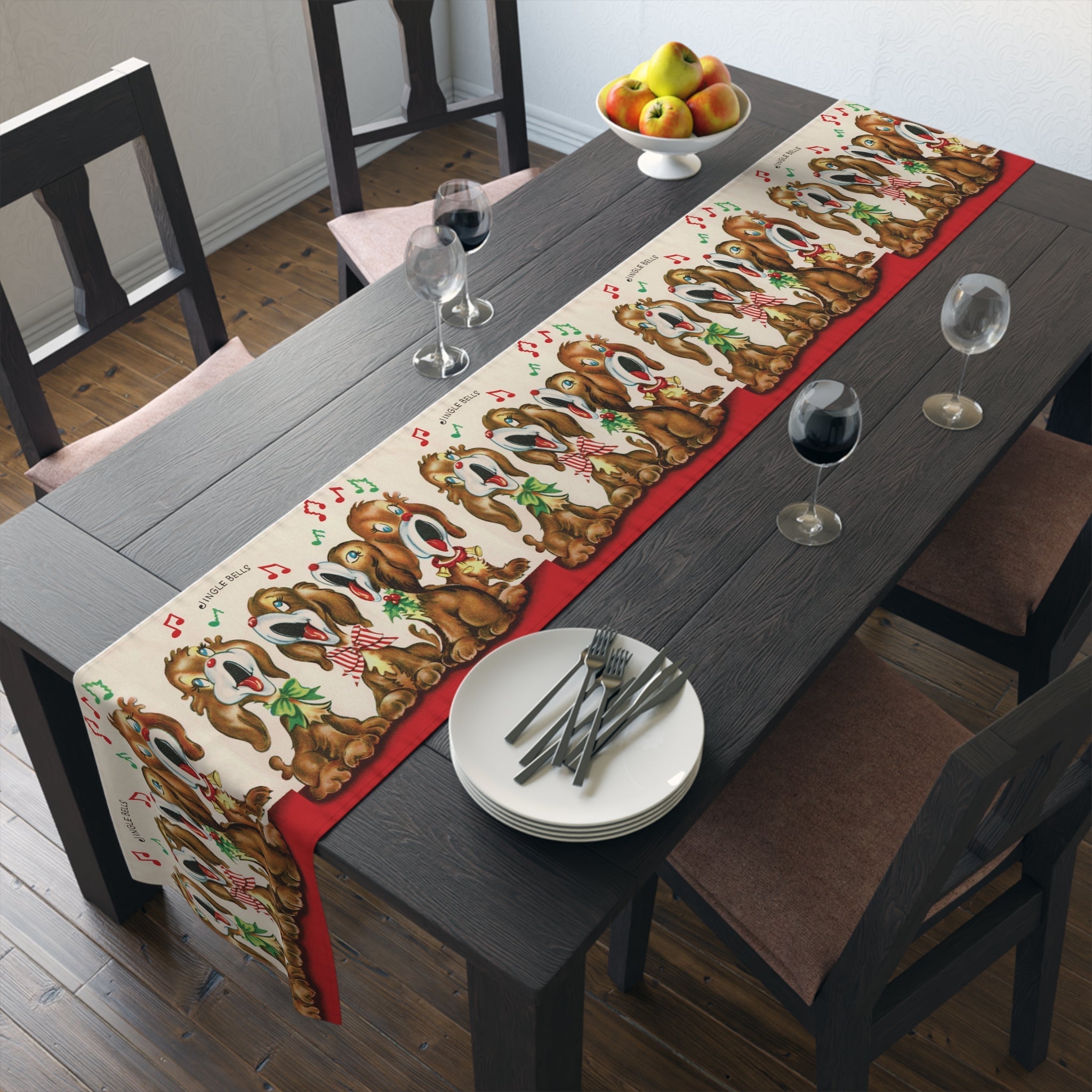 Jingle Bells Christmas Puppies Retro Christmas Print Home Decor Cotton Poly Table Runner