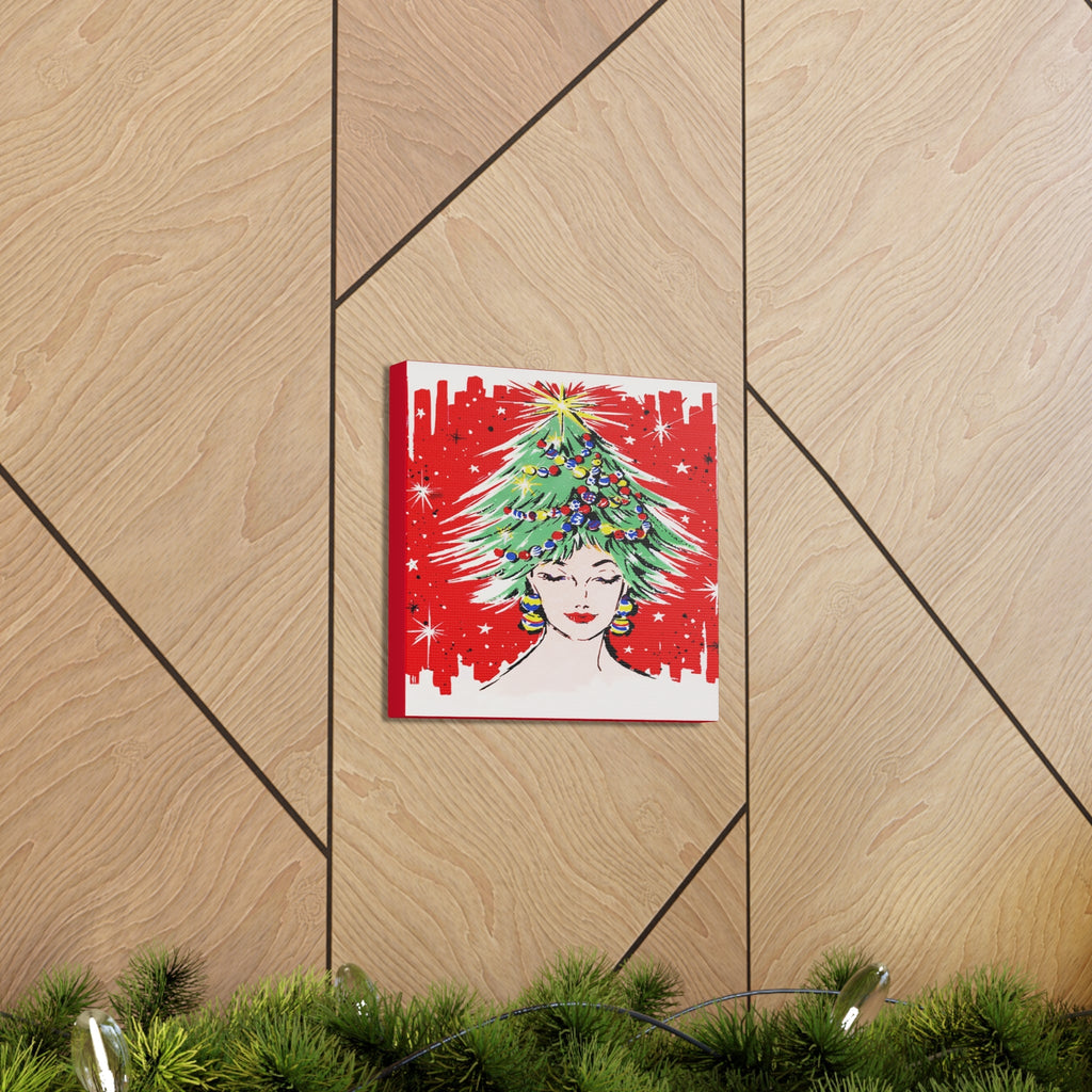 Christmas Tree Hat Lady 50s Mid Century Retro Christmas Print Canvas Gallery Wrap