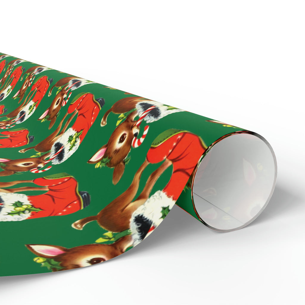 Reindeer With Stocking Mid Century Retro Christmas Print Holiday Gift Wrap Paper - Glossy Or Matte