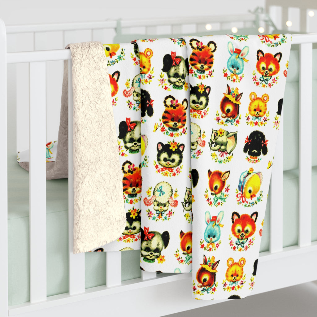 Cute Retro Animals Mid Century Retro Print Sherpa Fleece Blanket
