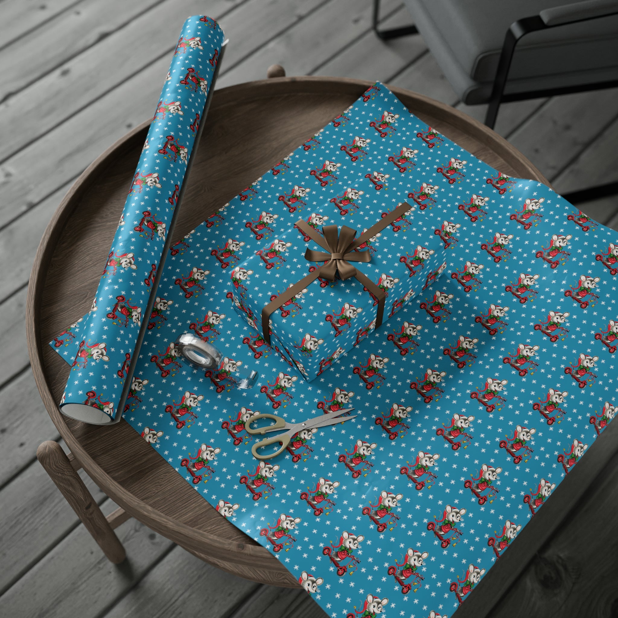 Christmas Mouse On Scooter Stars Mid Century Retro Christmas Print Holiday Gift Wrap Paper - Glossy Or Matte