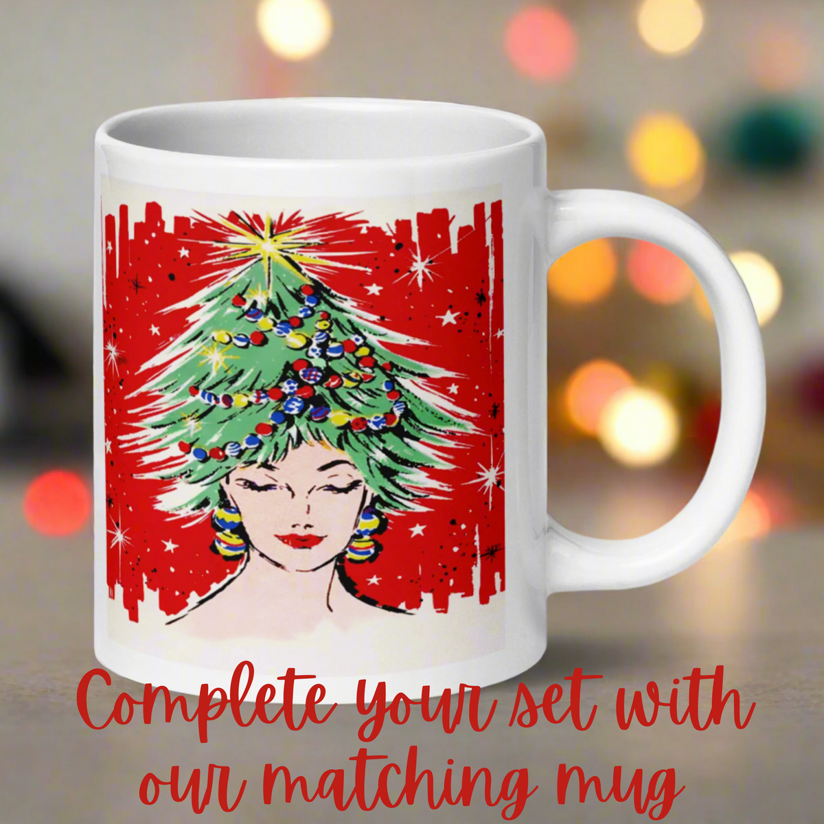 Christmas Tree Hat Lady Midcentury Retro Cork-back Coaster