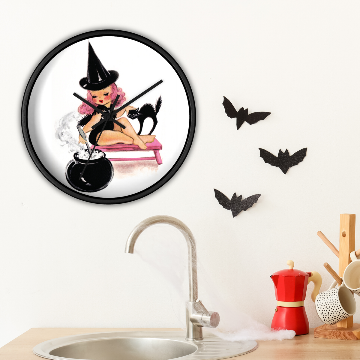 Pink Witch Black Cat Retro Halloween Fall Print Decor Wooden Wall Clock