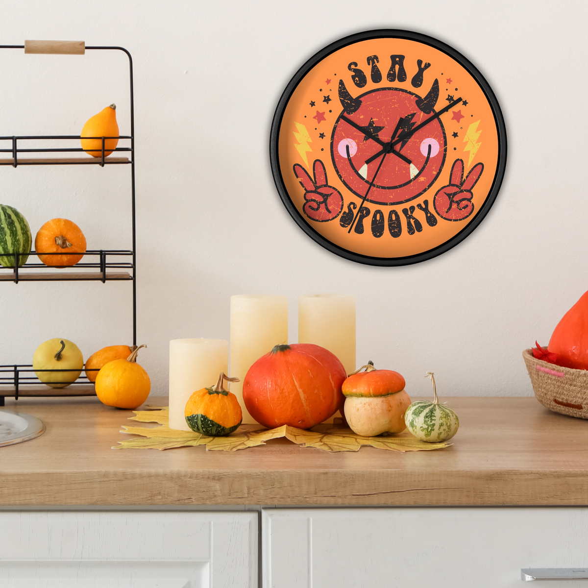Stay Spooky Cute Devil Distressed Halloween Print Black Wall Clock