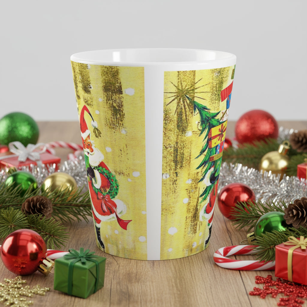 Santa With Presents Yellow Mid Century Retro Christmas Print Latte Coffee Mug