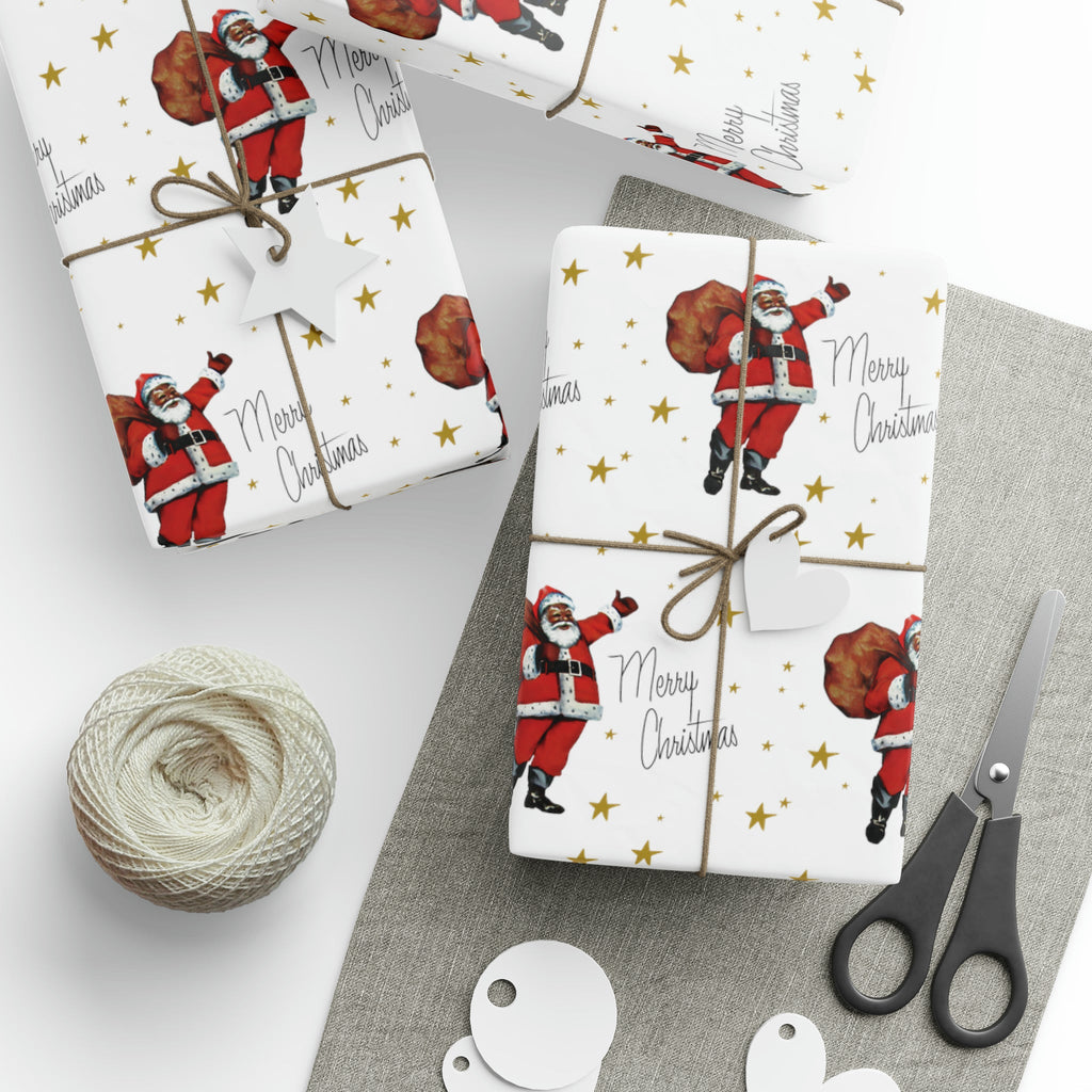 Merry Christmas Diverse Black Santa Gold Stars Retro Holiday Gift Wrap Paper - Glossy Or Matte