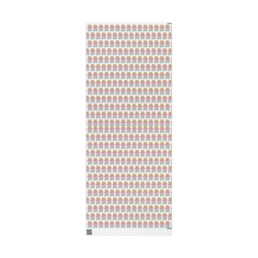 Pink Christmas House Mid Century Retro Christmas Print Holiday Gift Wrap Paper - Glossy Or Matte
