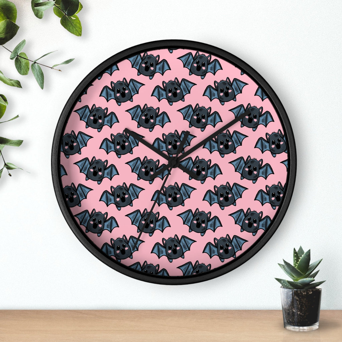 Cute Pink Bats Halloween Print Decor Wall Clock