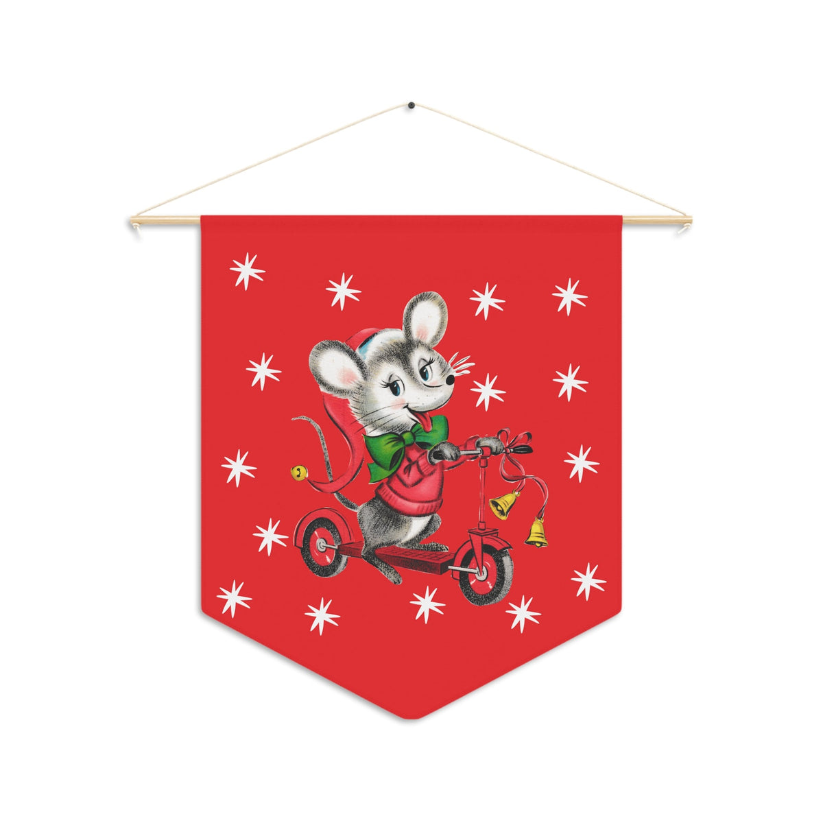 Christmas Mouse On Scooter Stars Red Retro Mid Century Christmas Print Style Decor Print Wall Hanging Banner Flag