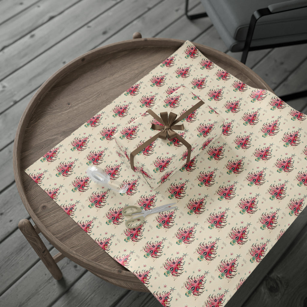 Noel Pink Christmas Trees Mid Century Retro Christmas Print Holiday Gift Wrap Paper - Glossy Or Matte