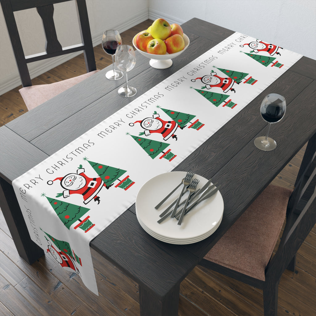 Merry Christmas Santa Christmas Trees Mid Century Retro Style Christmas Decor Red Cotton Poly Table Runner