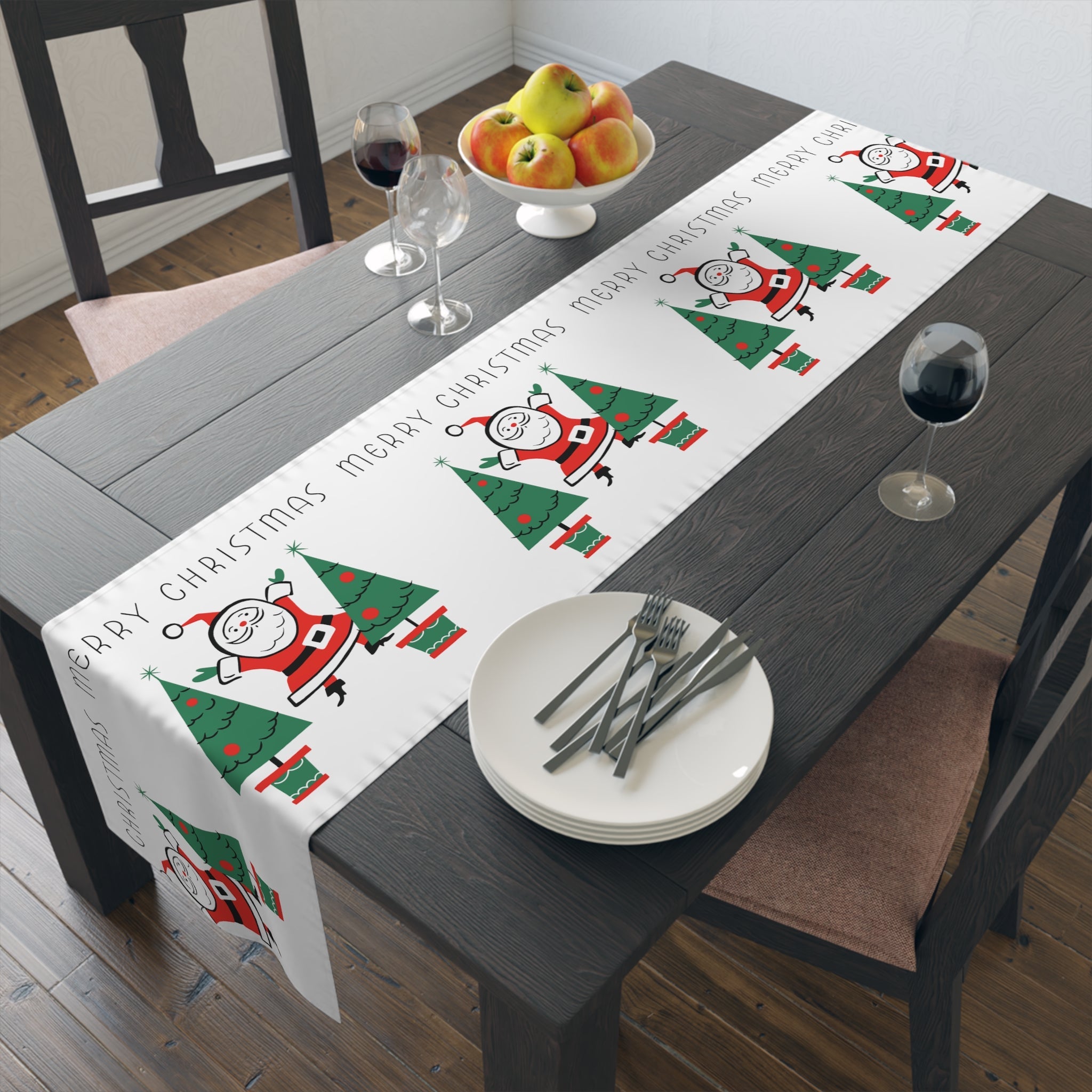 Merry Christmas Santa Christmas Trees Mid Century Retro Style Christmas Decor Red Cotton Poly Table Runner