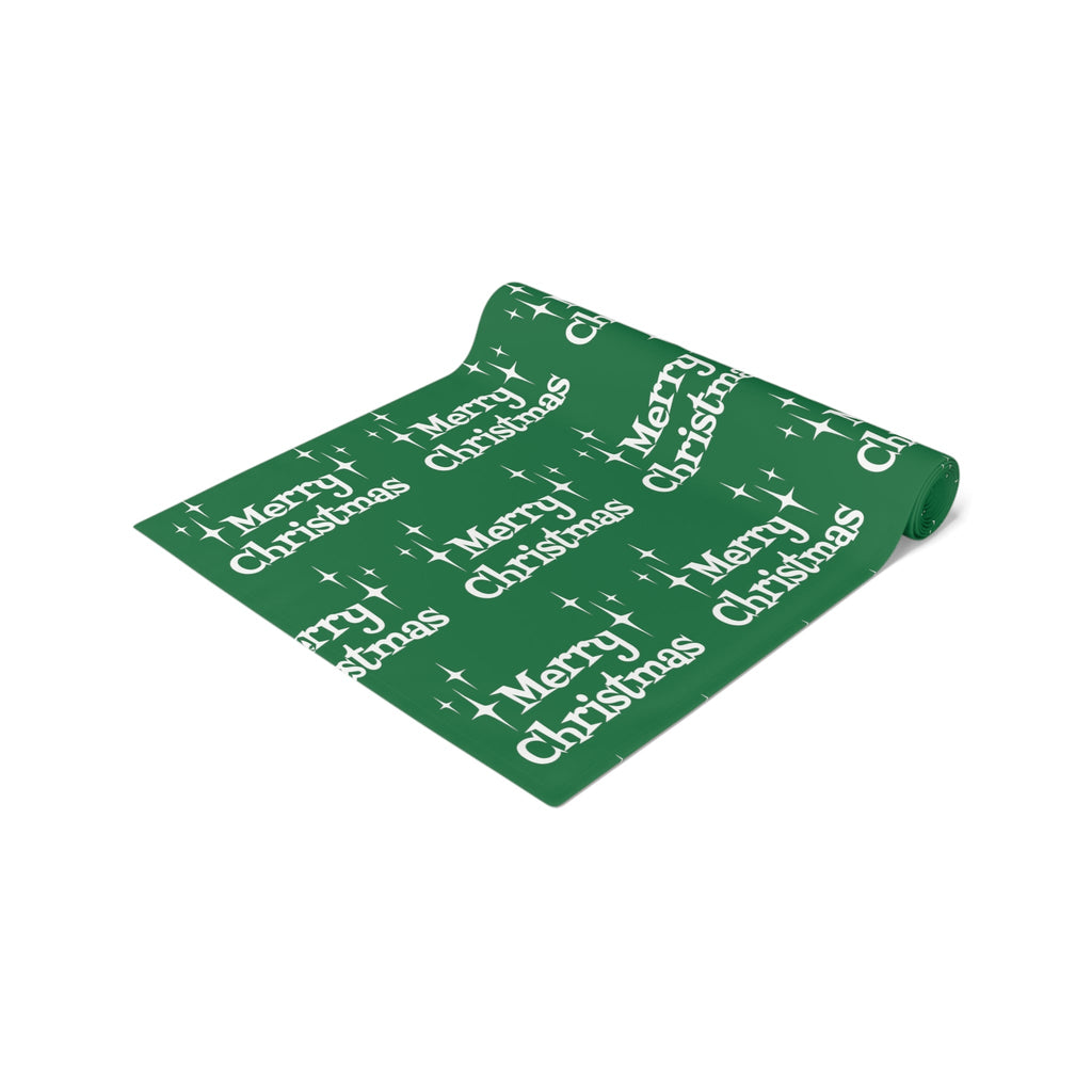 Merry Christmas Starburst Atomic Mid Century Retro Style Christmas Decor Green Cotton Poly Table Runner