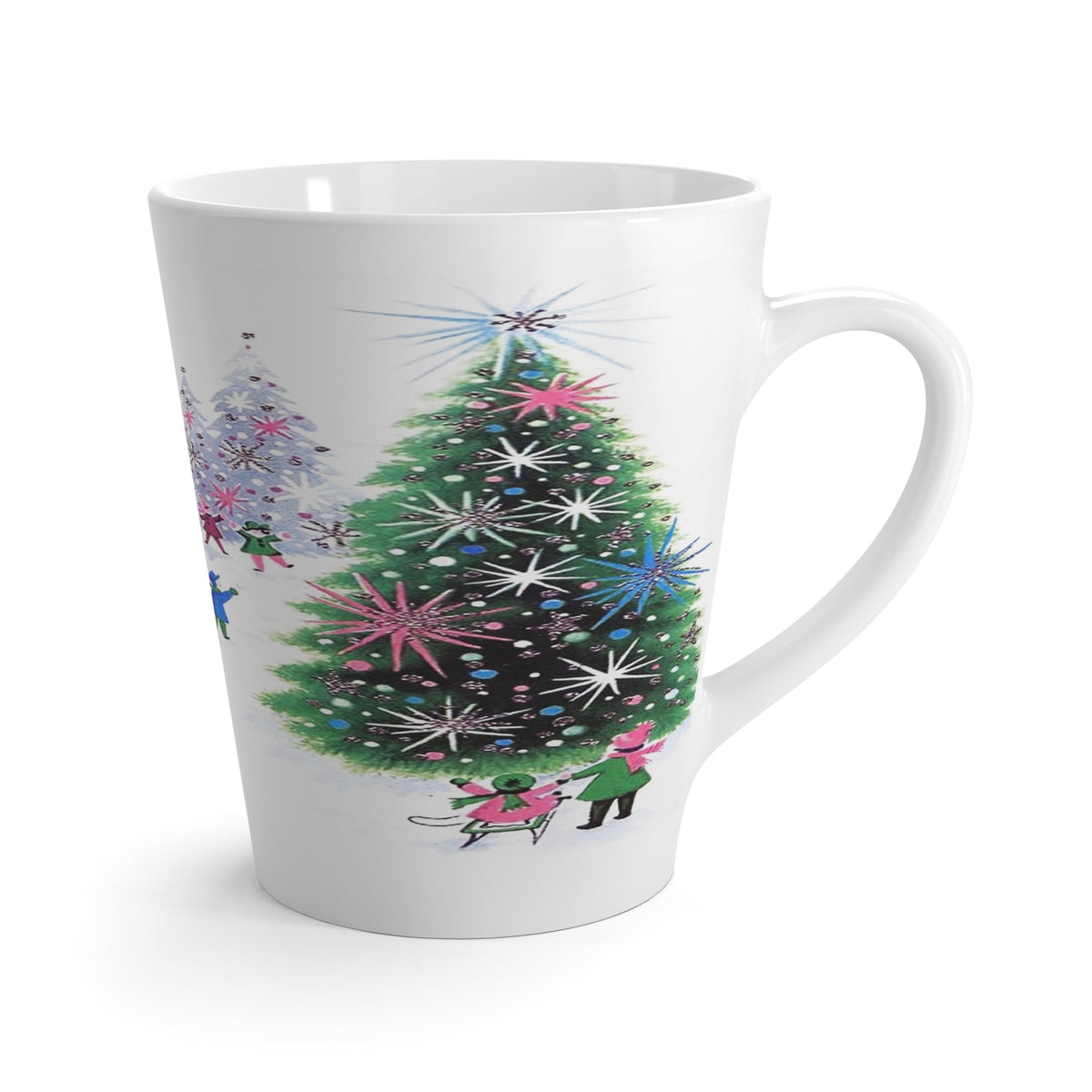 Christmas Trees Kids Sledding Retro Mid Century Christmas Print Latte Mug