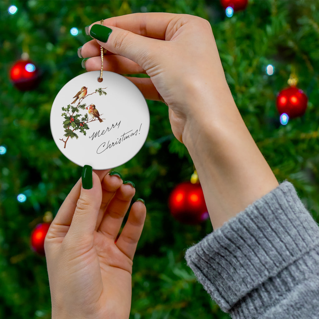 Merry Christmas Birds Mid Century Retro Christmas Print Ceramic Ornament